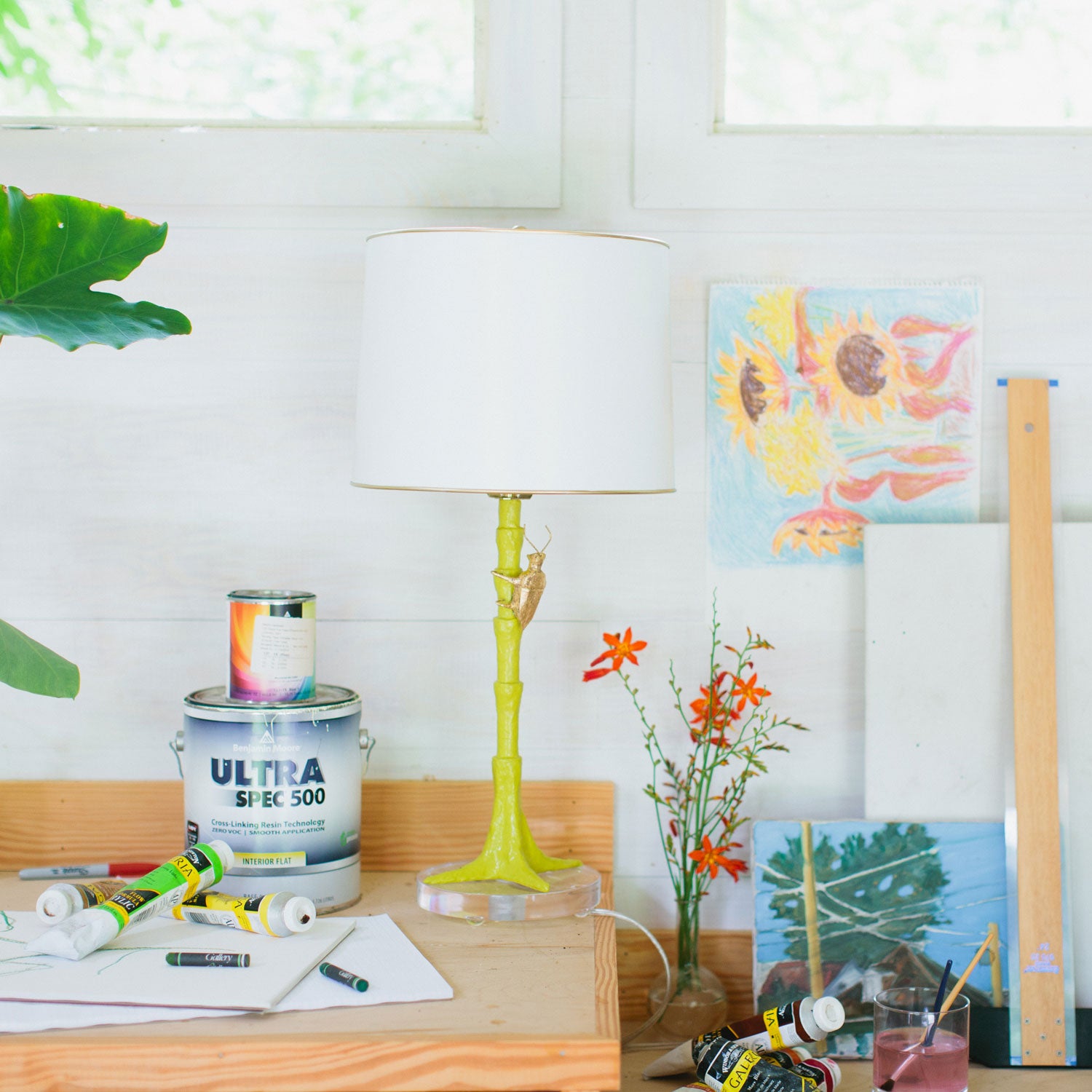 Gold Bug Lamp in chartreuse and white, papier mache and tole shade