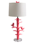 Sarah Bird Lamp, pink papier mache with 2 birds in a tree. Stray Dog