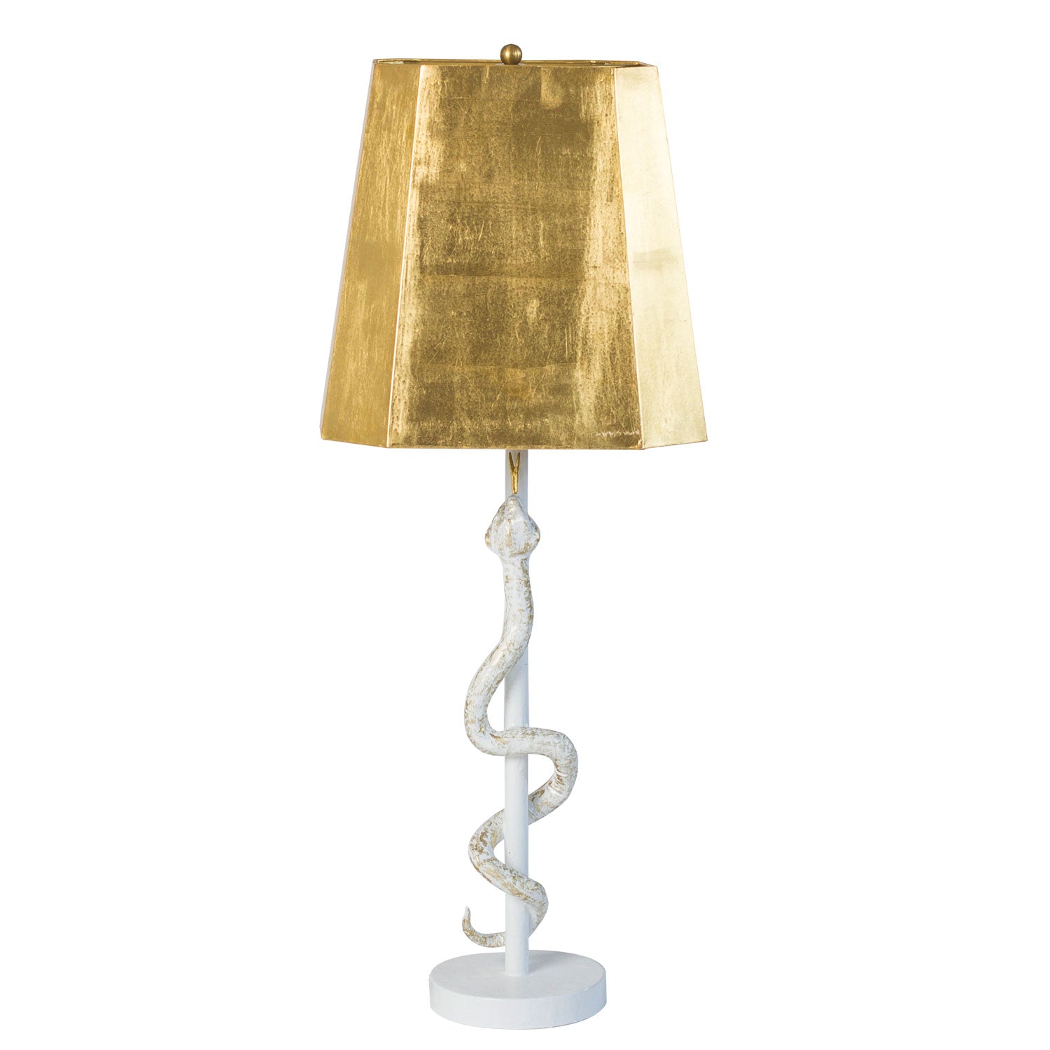 white and gold snake lamp hand made from papier mache and tole, gold leafed