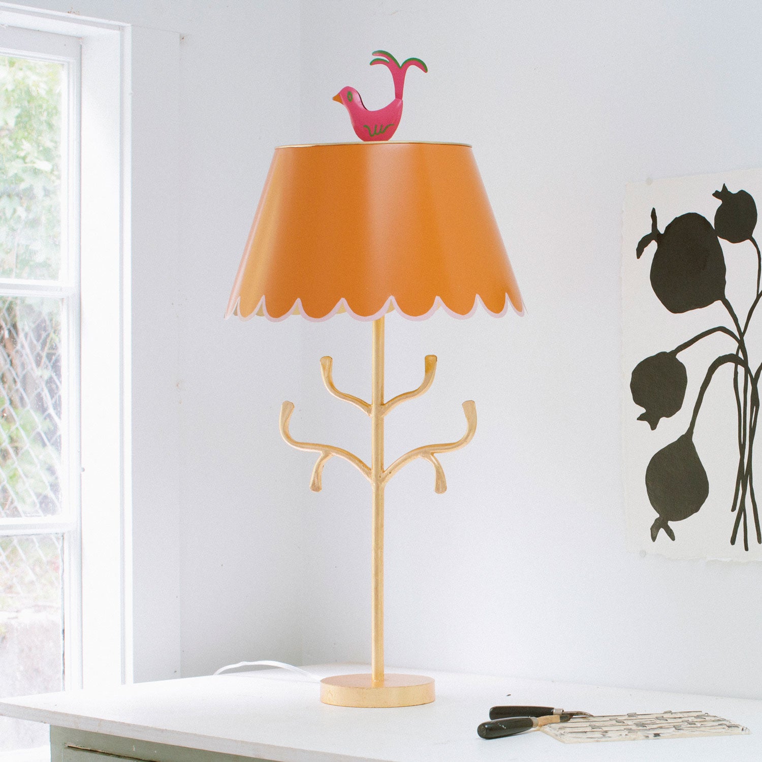 Stray Dog tole lamp, orange, pink and gold, Mrs English 