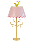 Light pink Mrs English lamp, red trim on scallops, chartreuse birdie finial