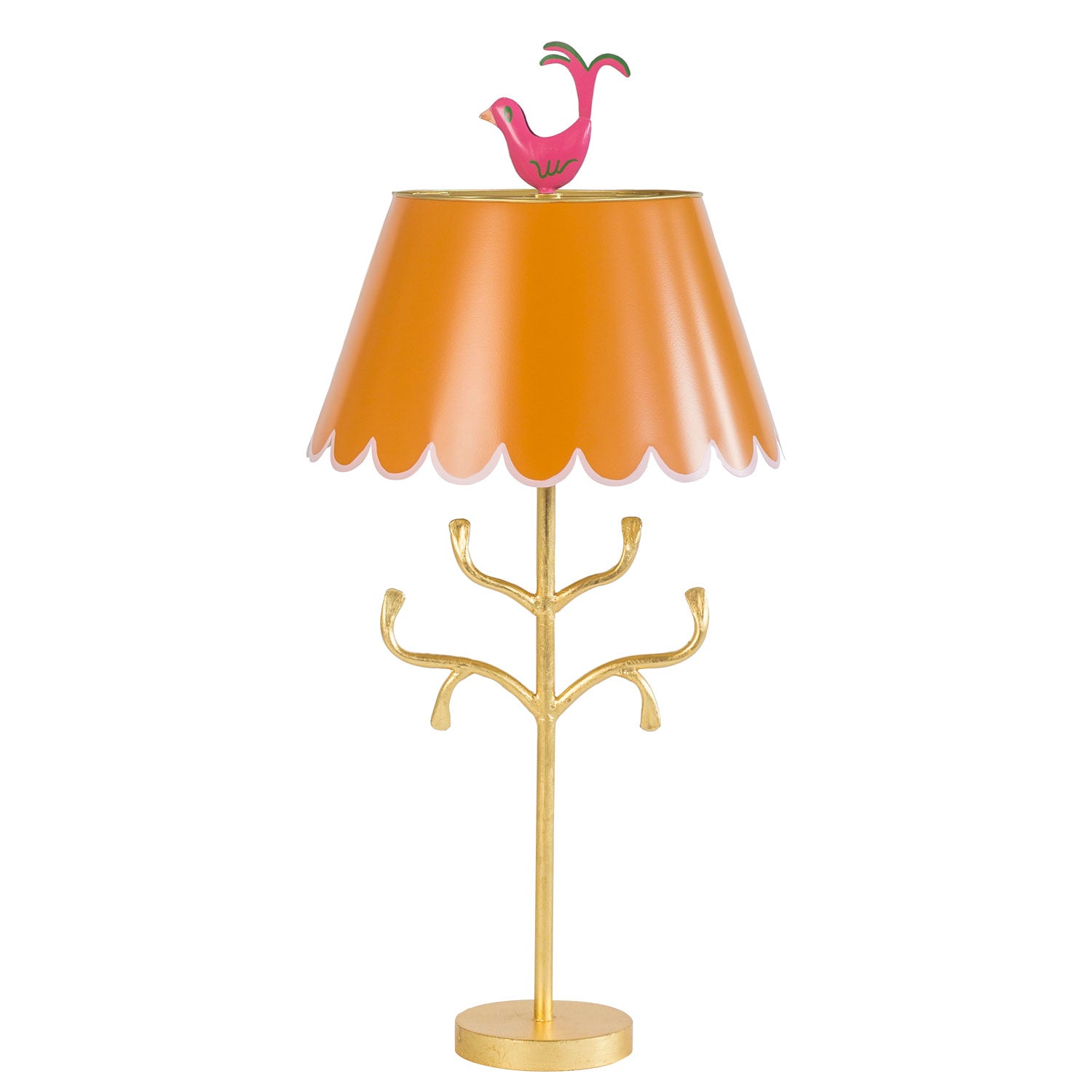 Mrs English lamp, with orange tole shade and pink bird finial