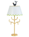 toleware lamp, white scallop edge shade, green trim, black bird finial, gold iron base