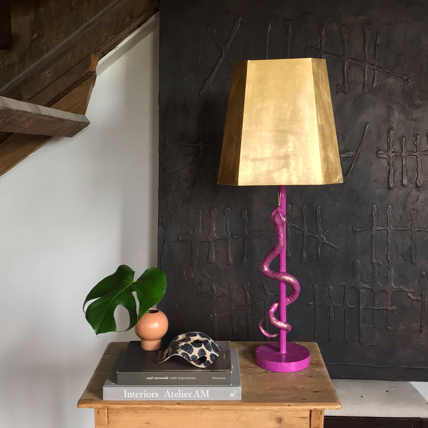 Purple Hank Lamp with snake, handmade paper mache with gold leafed shade