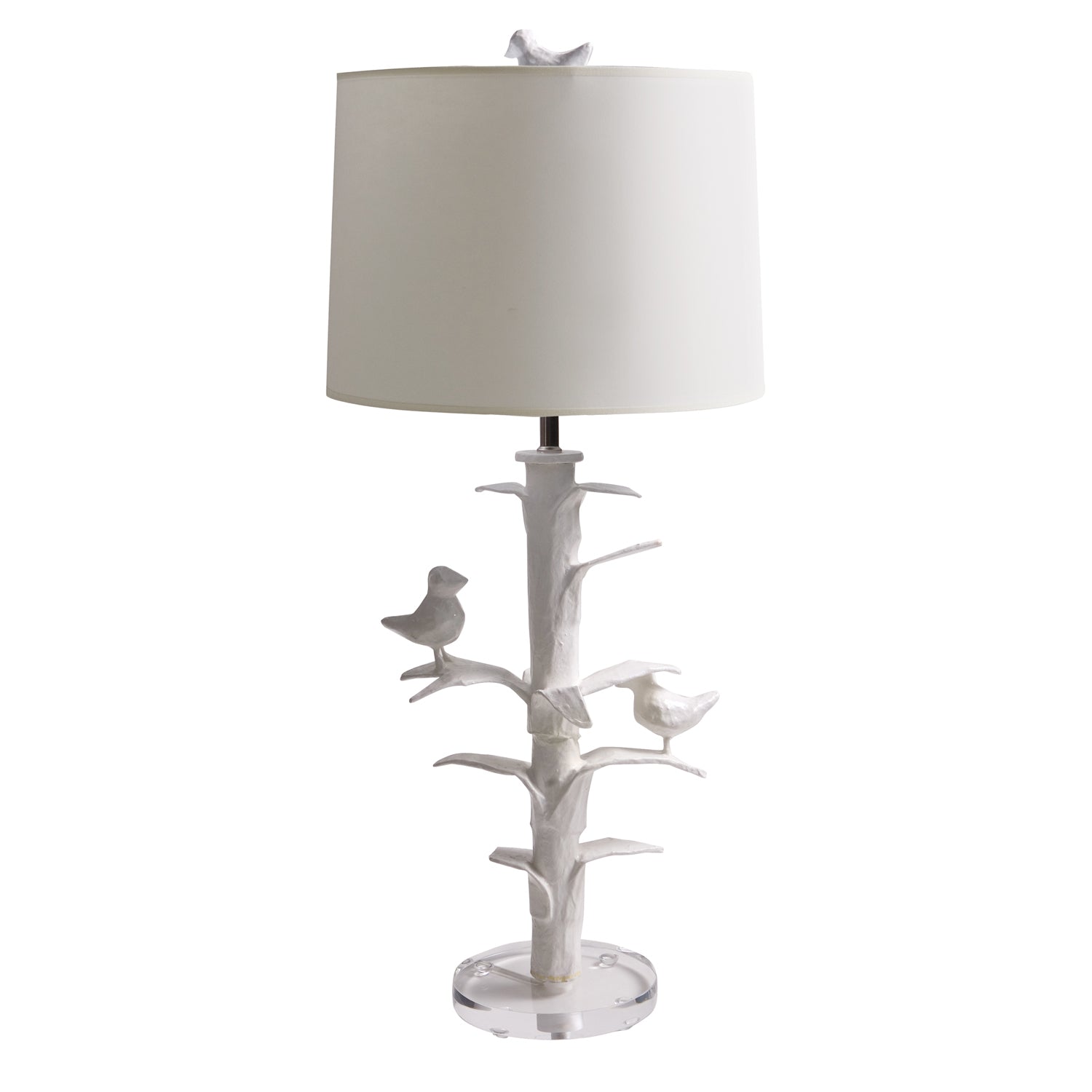 white papier mache Sarah Lamp with 2 birds, Stray Dog Designs