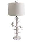 white papier mache Sarah Lamp with 2 birds, Stray Dog Designs